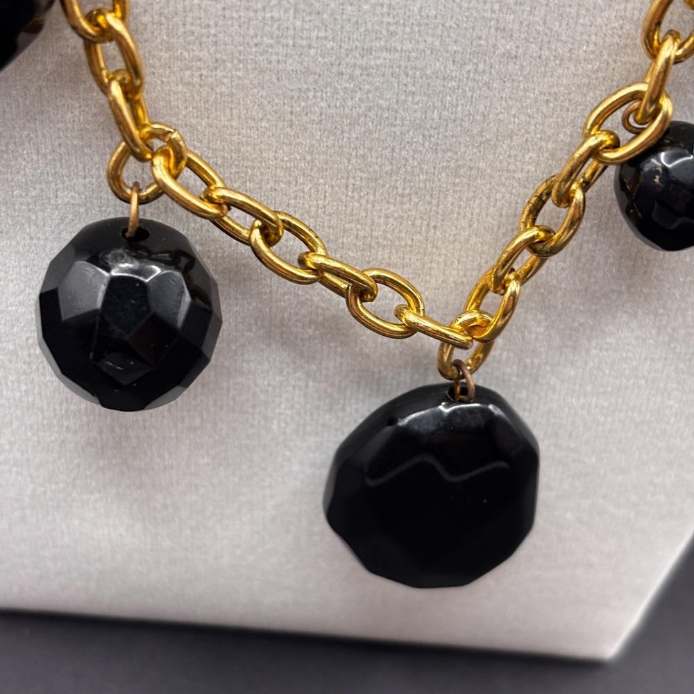 Vintage Gold Tone Chain Black Faceted Bead Statement Necklace Over The Head Y2K - Picture 7 of 9